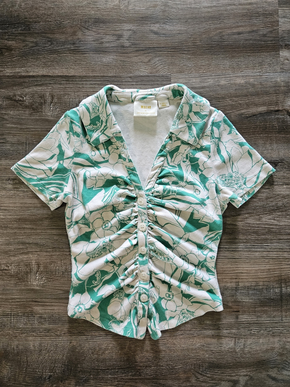 Maeve Anthropologie Ruched Green Floral Buttoned Top
